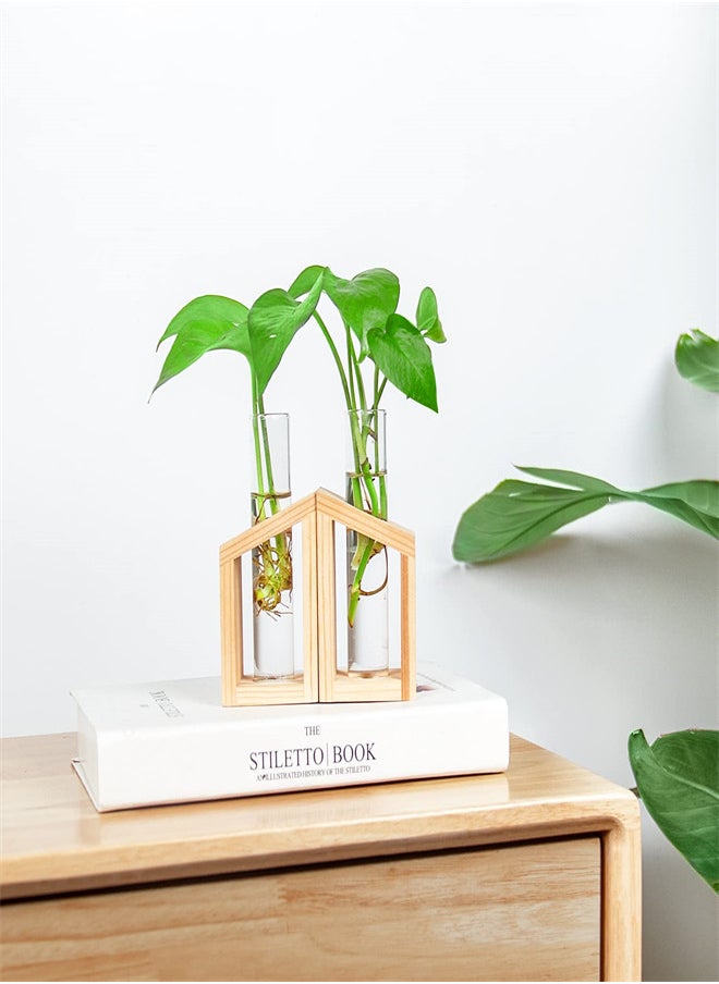 Glass Vase Plant Terrarium with Wooden Stand, Glass Test Tube for Hydroponic Plants Propagation Home Garden Decoration-Mini