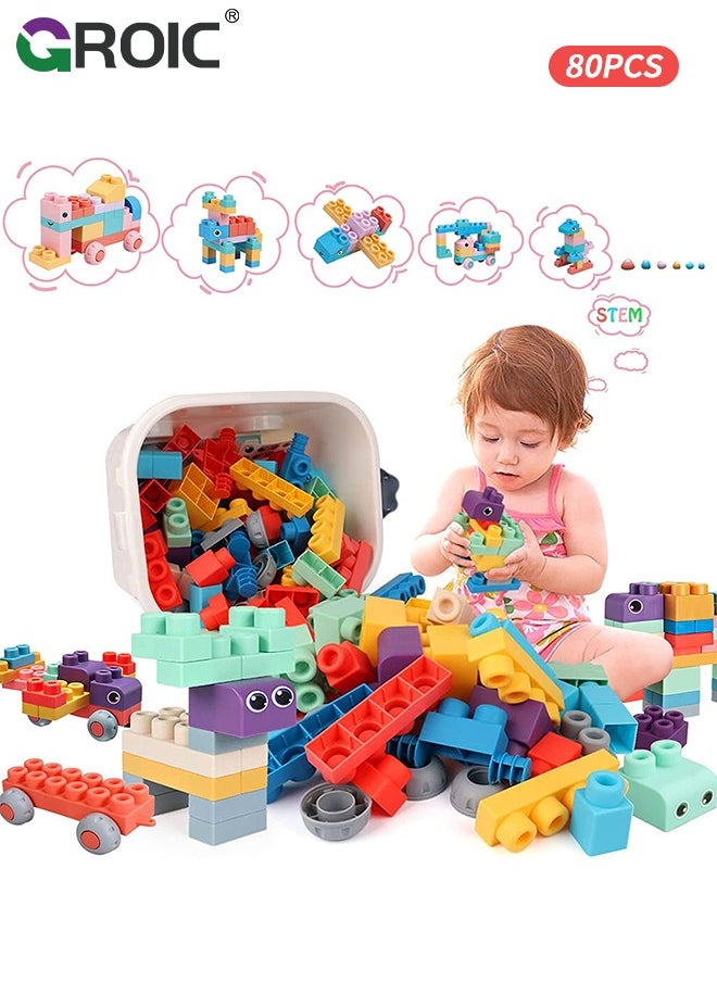 80PCS Soft Building Block Sets for Kids,Top STEM Building Blocks,Large Construction Block Toys for Toddler,Soft Rubber Building Block Early Educational Toy,Sensory Stacking Rock