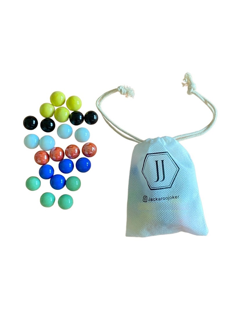 Jackaroo board game with two sides for 4 and 6 players with glass marbles, playing cards and bag.