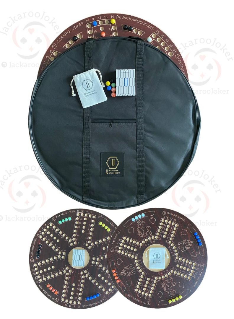 Jackaroo board game with two sides for 4 and 6 players with glass marbles, playing cards and bag.