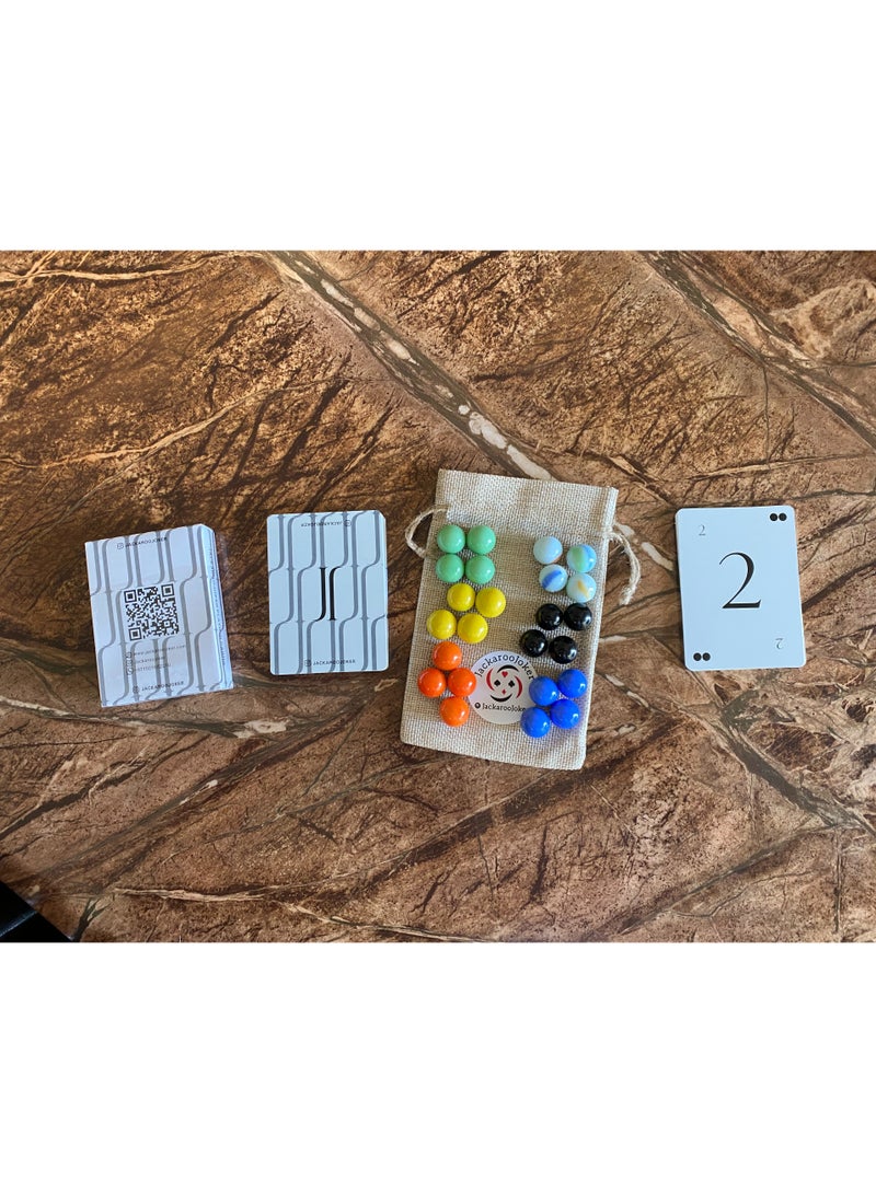 Jackaroo board game with two sides for 3 and 4 players with glass marbles, playing cards and bag.