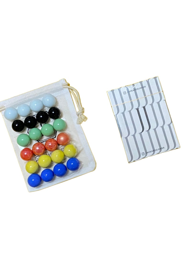 Jackaroo board game with two sides for 4 and 6 players with glass marbles, playing cards and bag.