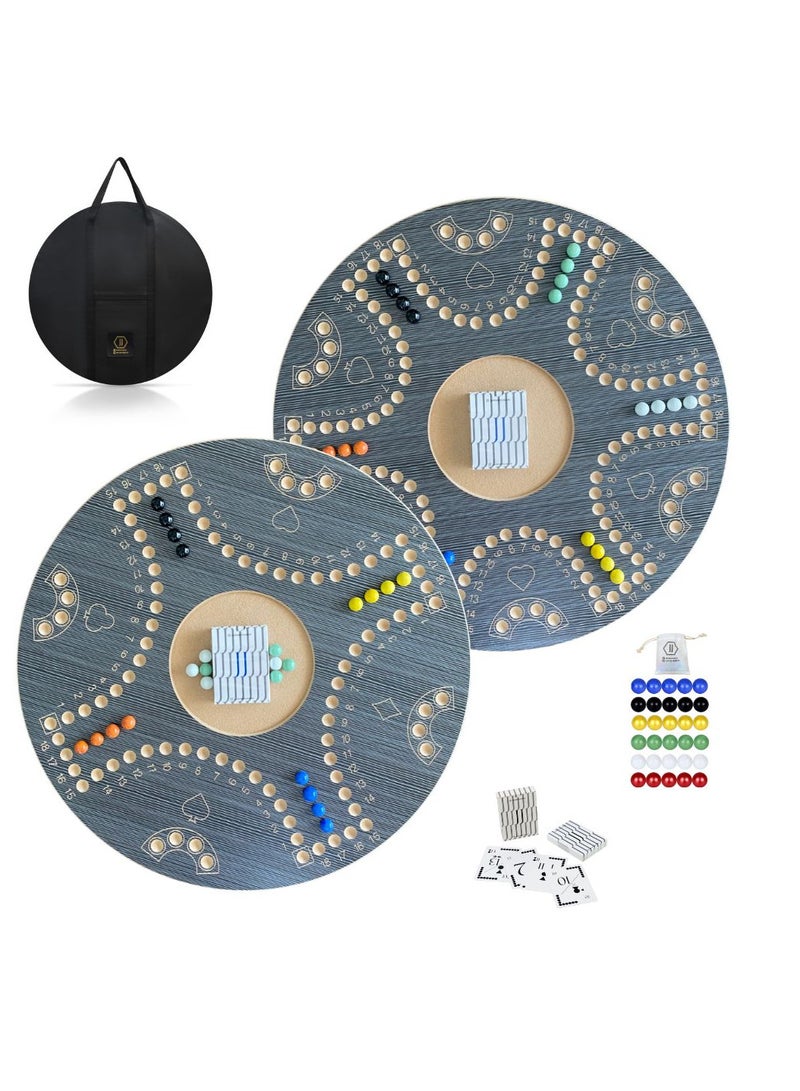 Jackaroo board game with two sides for 4 and 6 players with glass marbles, playing cards and bag.