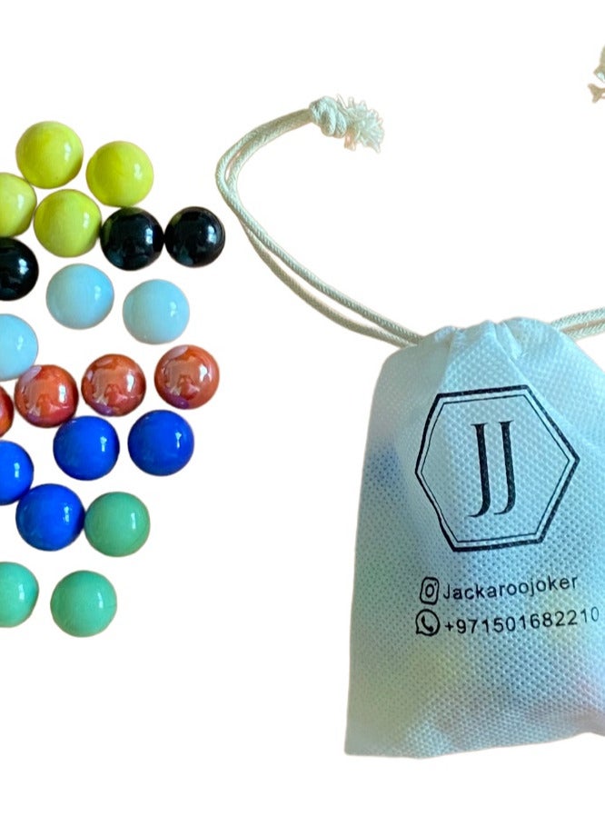 Jackaroo board game with two sides for 4 and 6 players with glass marbles, playing cards and bag.