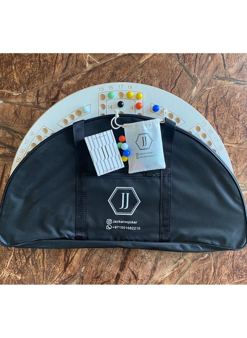 Jackaroo board game with two sides for 3 and 4 players with glass marbles, playing cards and bag.