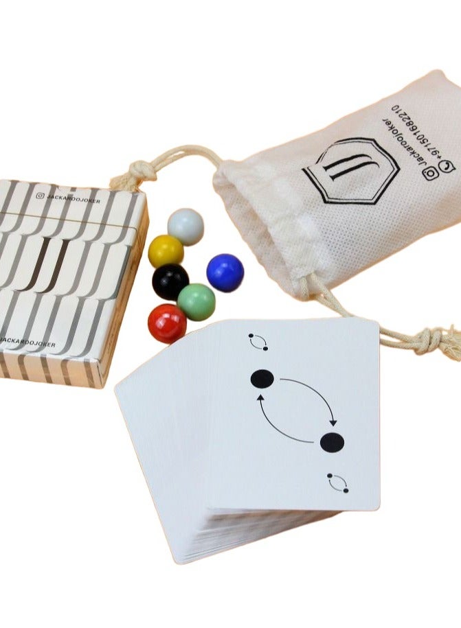 Jackaroo board game with two sides for 3 and 4 players with glass marbles, playing cards and bag.