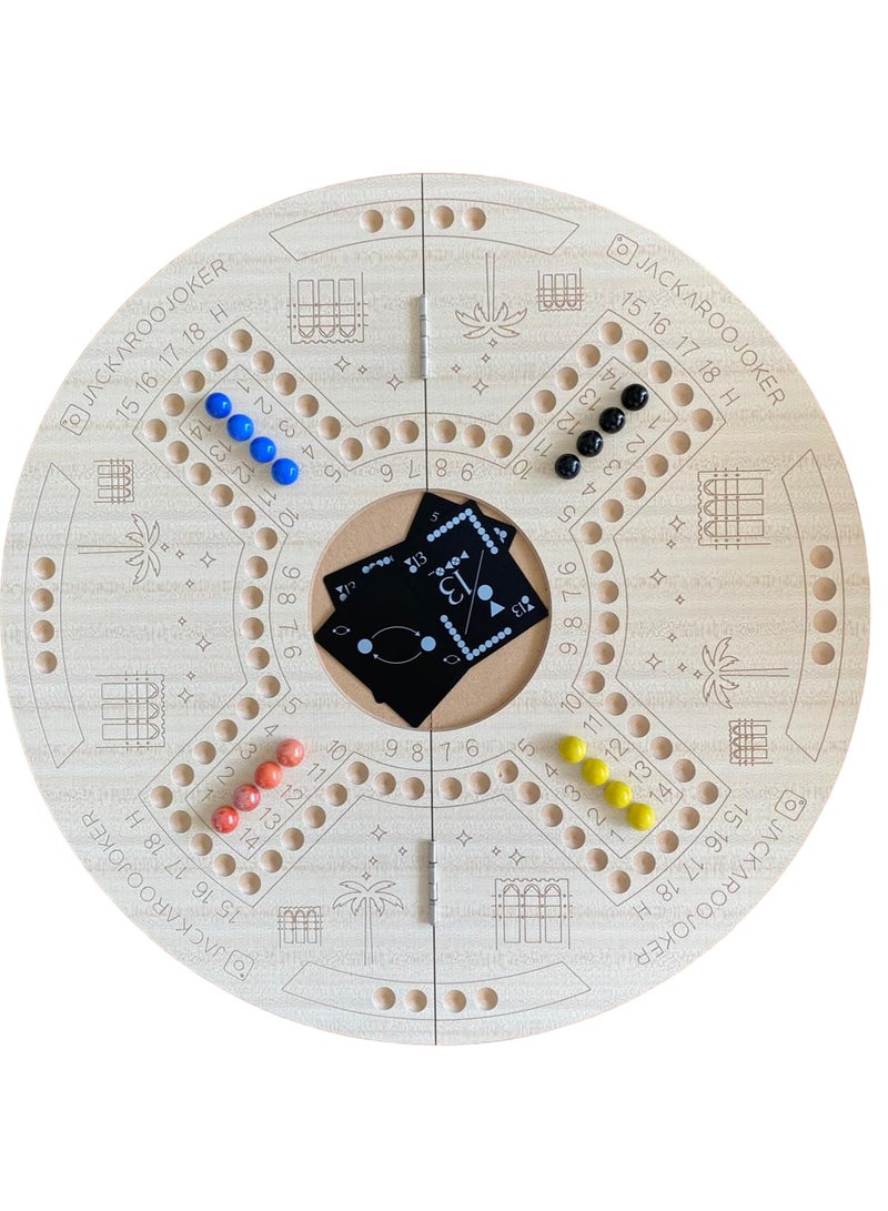 Jakaroo game two sides for 4 players and 6 players with bag and cards and marbles