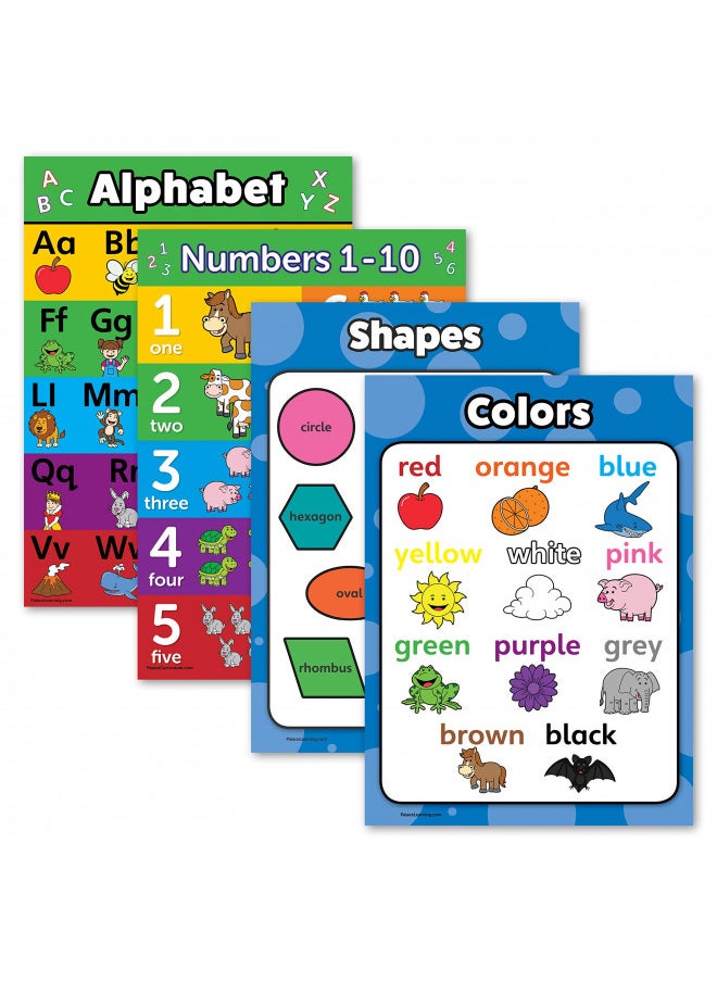 Palace Learning 4 pack - ABC Alphabet + Numbers 1-10 + Shapes + Colors Poster Set - Toddler Educational Charts (LAMINATED, 18