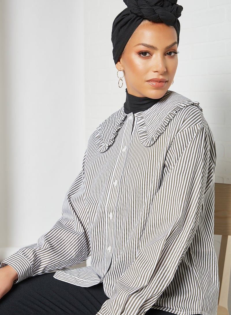 Striped Ruffle Detailed Shirt Bright White/Sea Turtle