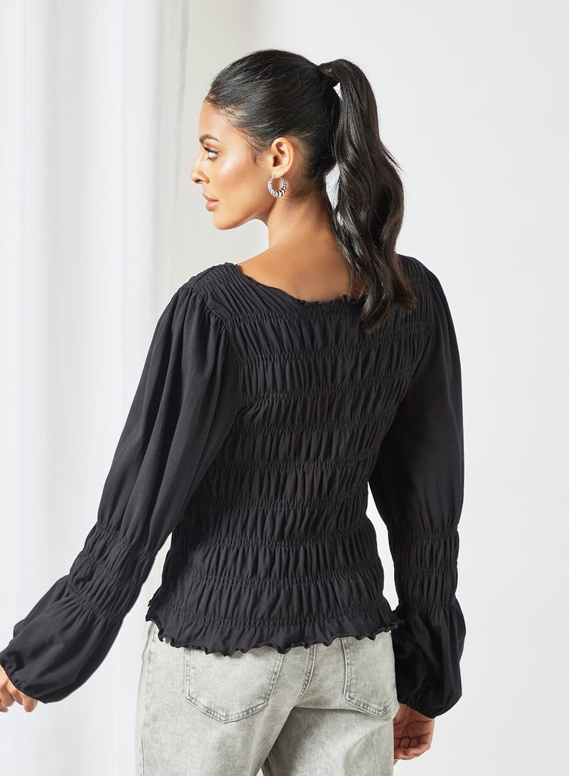 Shirred Balloon Sleeve Top Black