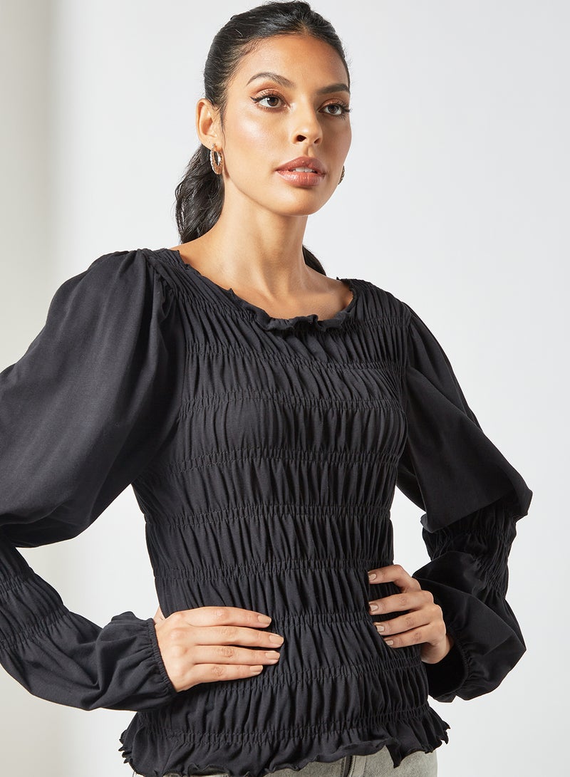 Shirred Balloon Sleeve Top Black