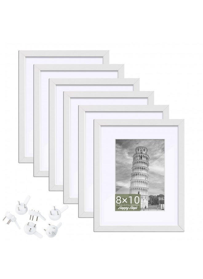 HappyHapi 8x10 Picture Frame, 6 Pack Wood Photo Frame Display Pictures 5x7 with Mat or 8x10 Without Mat Multi Picture Frames Collage for Tabletop or Wall Display (White)