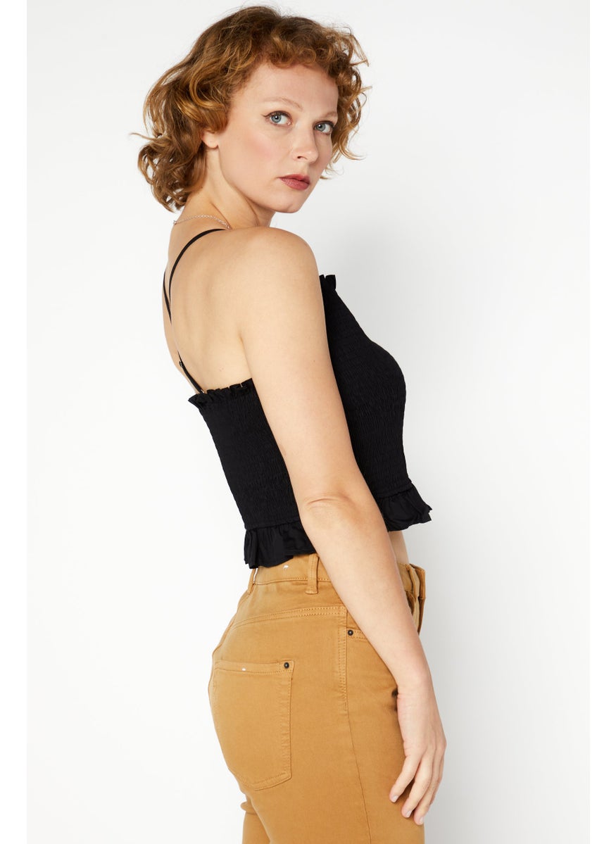 Women Halter Neck Sleeveless Shirred Crop Top, Black