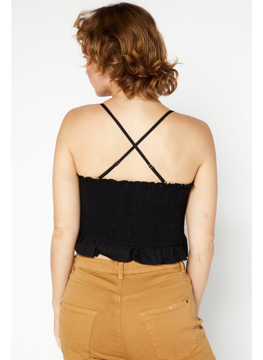 Women Halter Neck Sleeveless Shirred Crop Top, Black