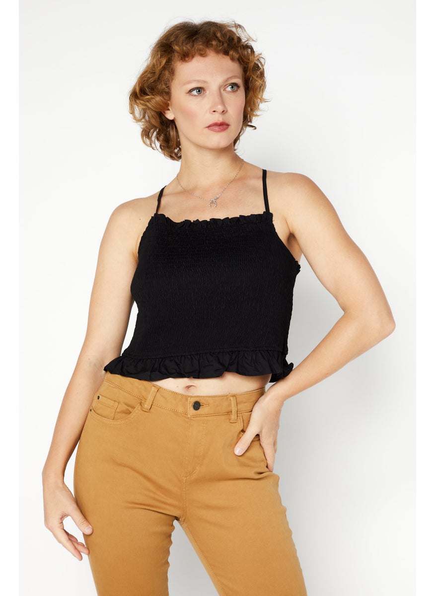 Women Halter Neck Sleeveless Shirred Crop Top, Black