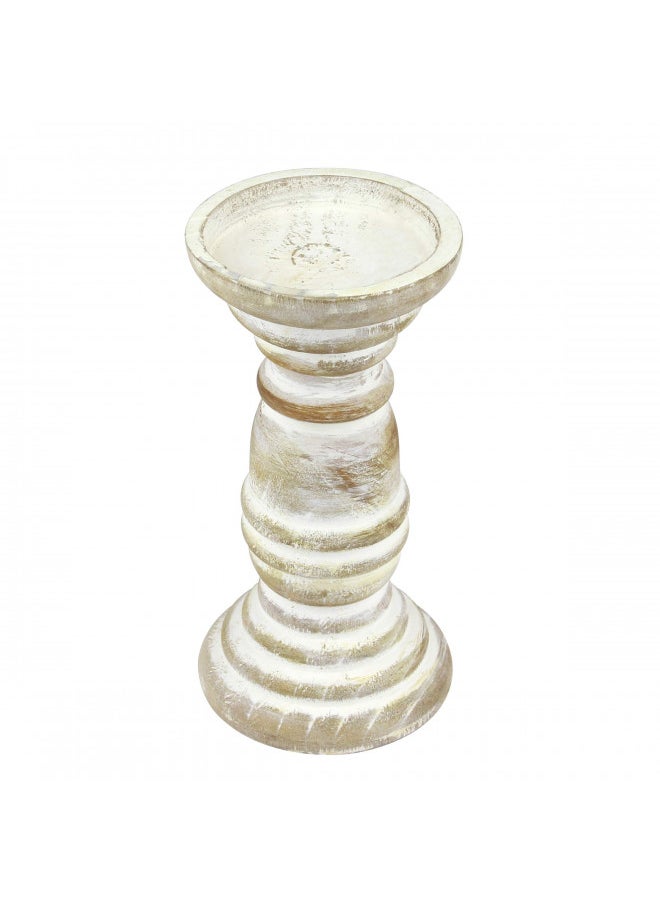 Stonebriar Decorative Worn White Wooden Pillar Candle Holder, Coastal Home Decor, Ocean Inspired Designs for Wedding Decorations, Parties, or Everyday Home, Large 8 Inch