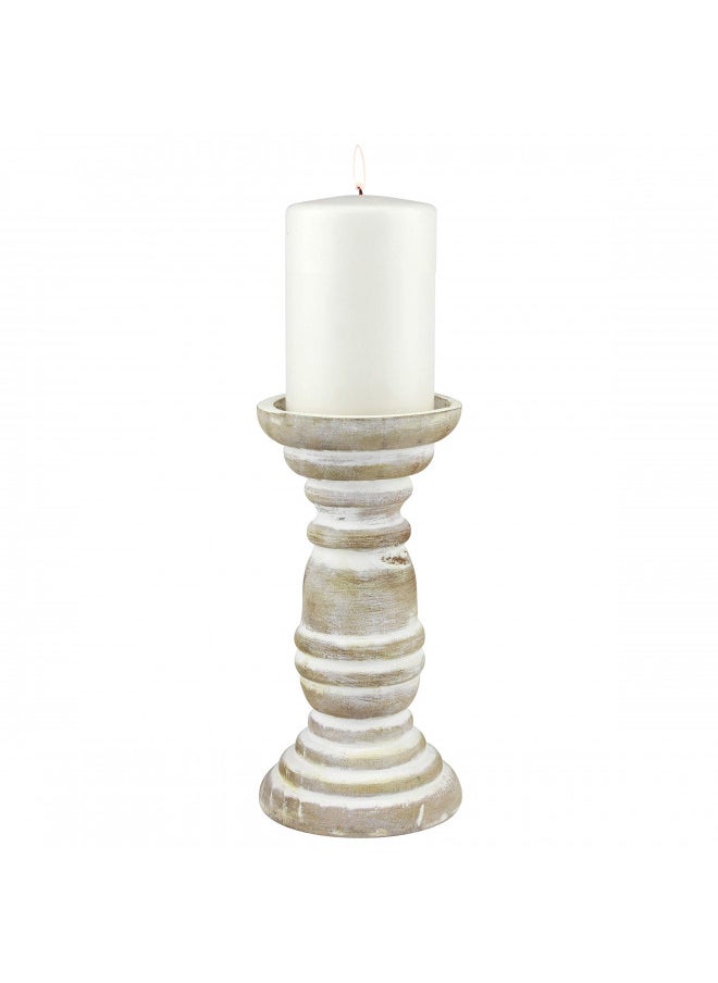 Stonebriar Decorative Worn White Wooden Pillar Candle Holder, Coastal Home Decor, Ocean Inspired Designs for Wedding Decorations, Parties, or Everyday Home, Large 8 Inch