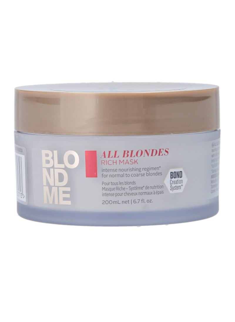 BLONDME All Blondes Rich Mask – Deep Conditioning Bond Restoring Hiar Treatment - Smoothing and Nourishing for Normal to Coarse Color Treated and Natural Blonde Hair, 200 ml