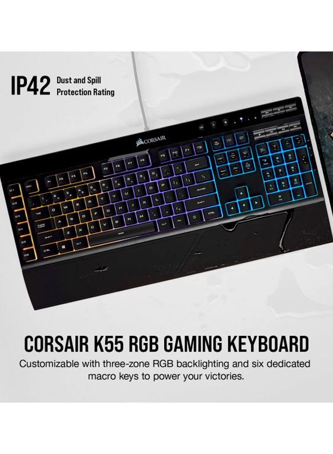 K55 RGB USB LED Backlit Keys Onboard Macro Recording Media Controls Gaming Keyboard with Wrist Rest Included