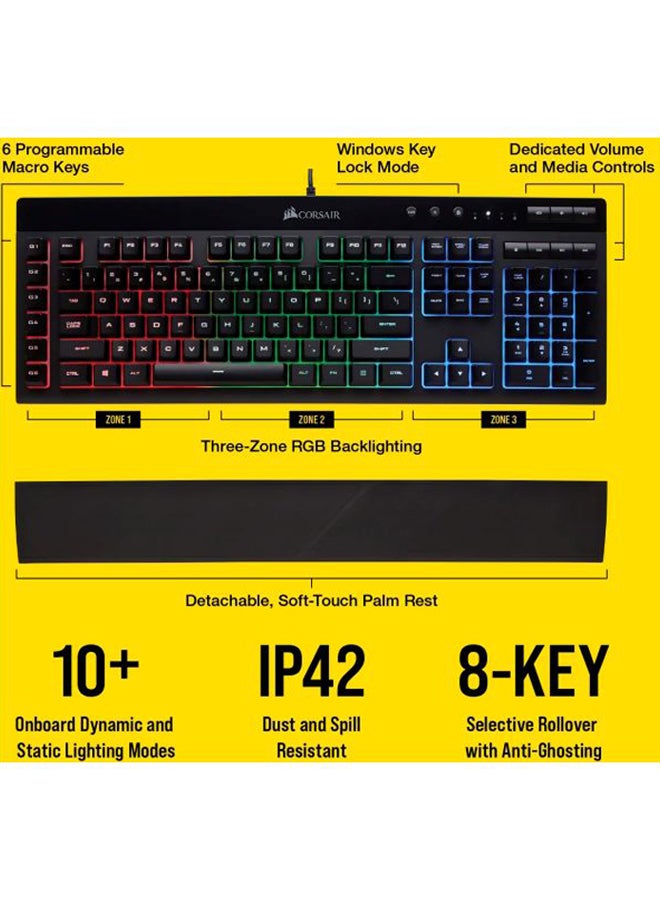 K55 RGB USB LED Backlit Keys Onboard Macro Recording Media Controls Gaming Keyboard with Wrist Rest Included