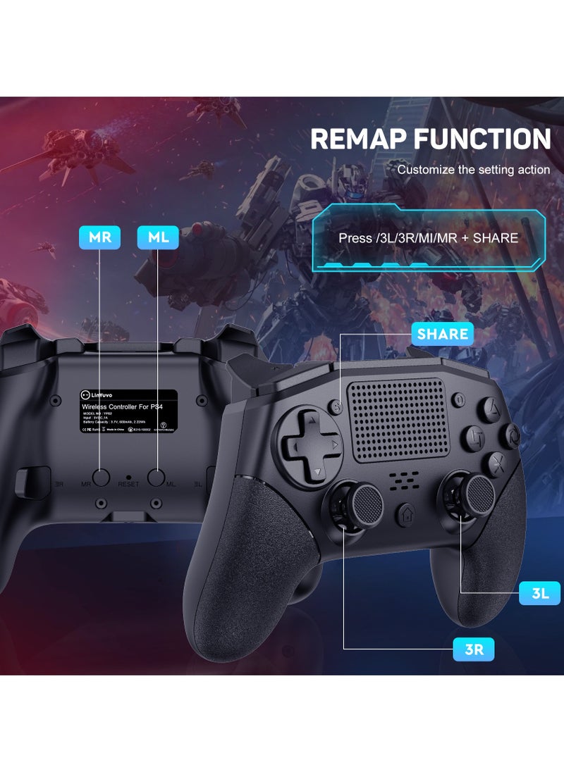 Professional Wireless Gamepad LinYuvo PS4 Bluetooth Game Controller Compatible with PS4, PS4 Slim, PS4 Pro, Android, iOS13 above Six-Axis Gyroscope Programming Function Capacitive Touch Pad 3.5mm Audio Jack Adjustable Dual Motor Vibration Wake-Up Function Metal Joystick Black