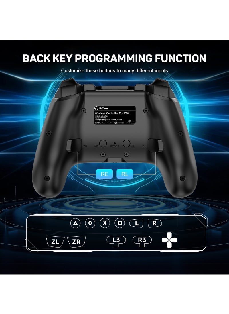 Professional Wireless Gamepad LinYuvo PS4 Bluetooth Game Controller Compatible with PS4, PS4 Slim, PS4 Pro, Android, iOS13 above Six-Axis Gyroscope Programming Function Capacitive Touch Pad 3.5mm Audio Jack Adjustable Dual Motor Vibration Wake-Up Function Metal Joystick Black