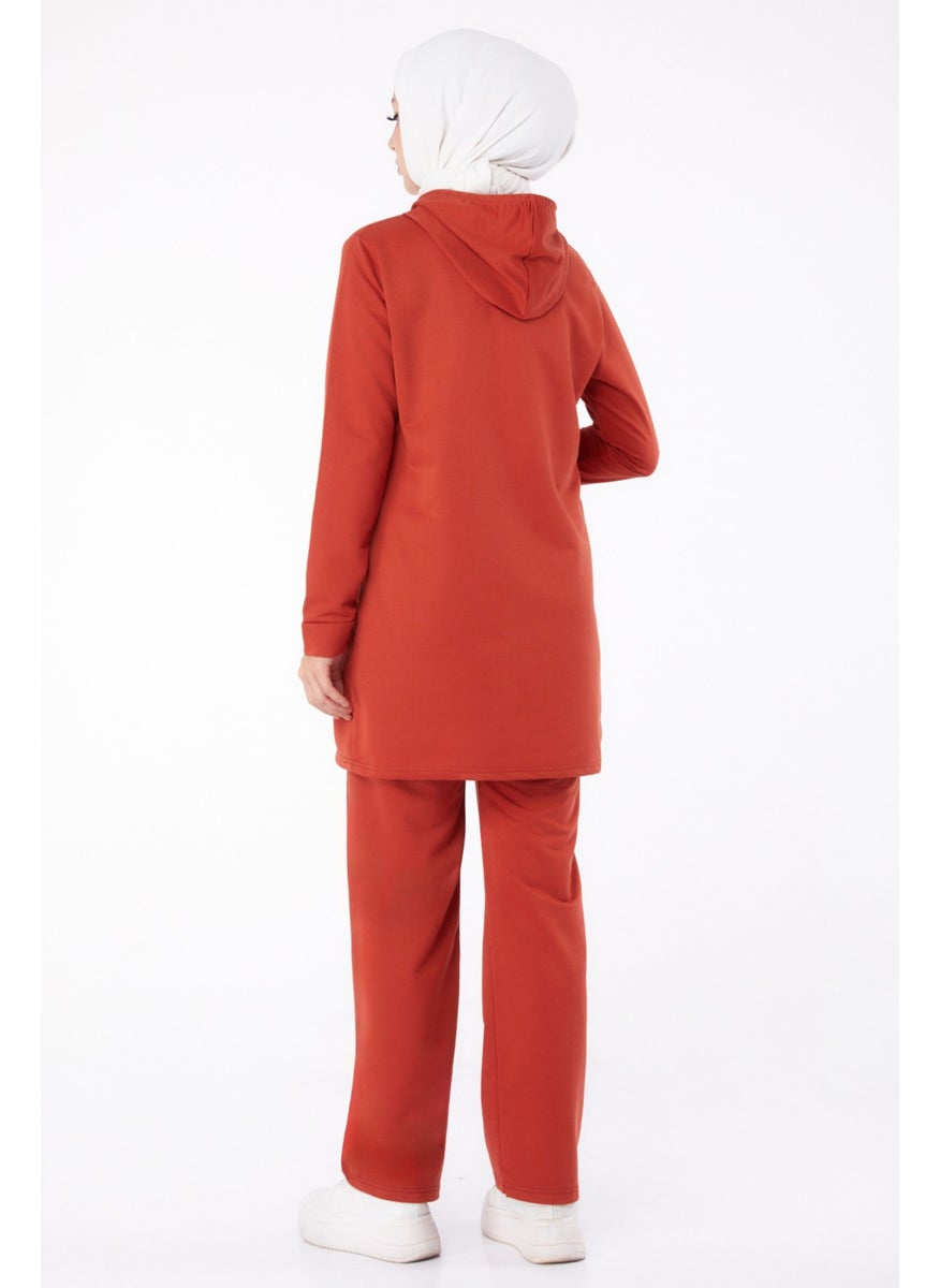 Plain Hooded Collar Women's Brick Embroidered Two Piece Suit - 13276