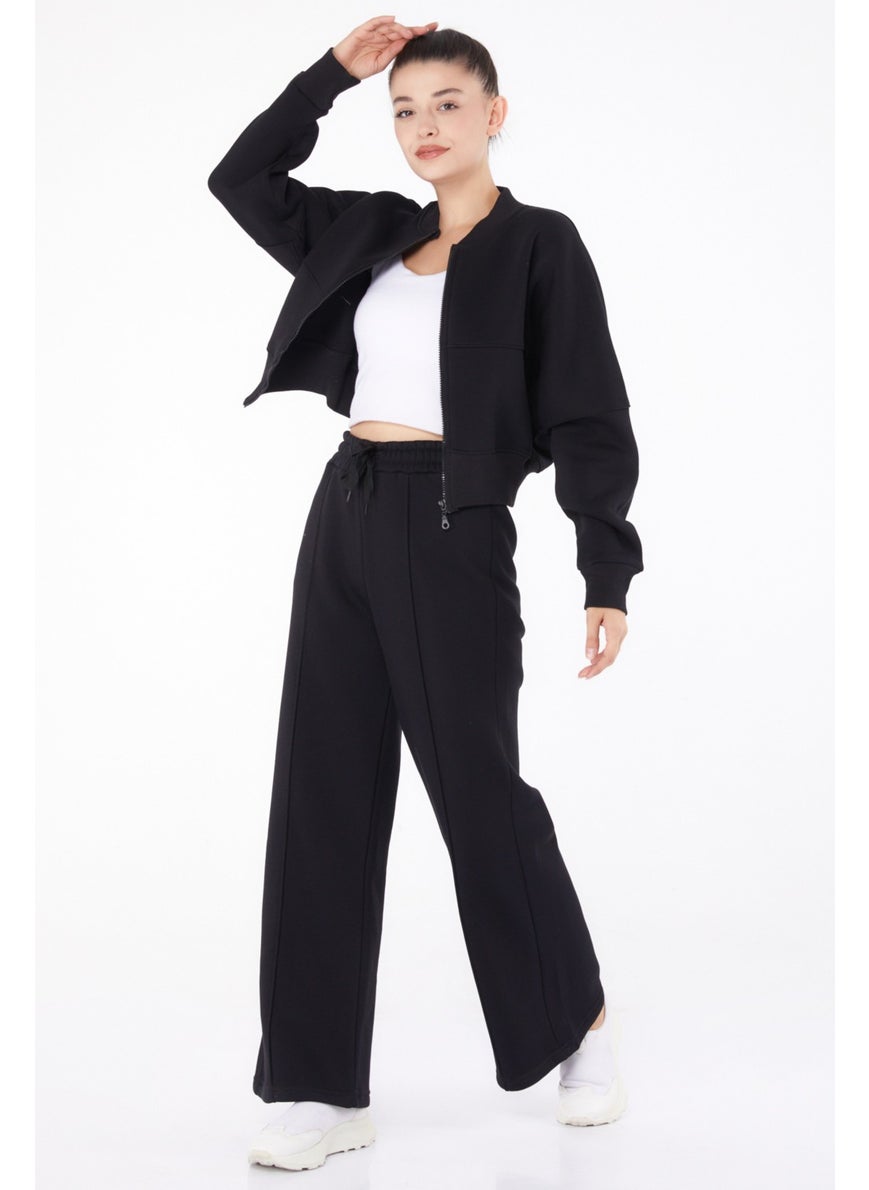 Plain Mandarin Collar Women's Black Tracksuit - 26275