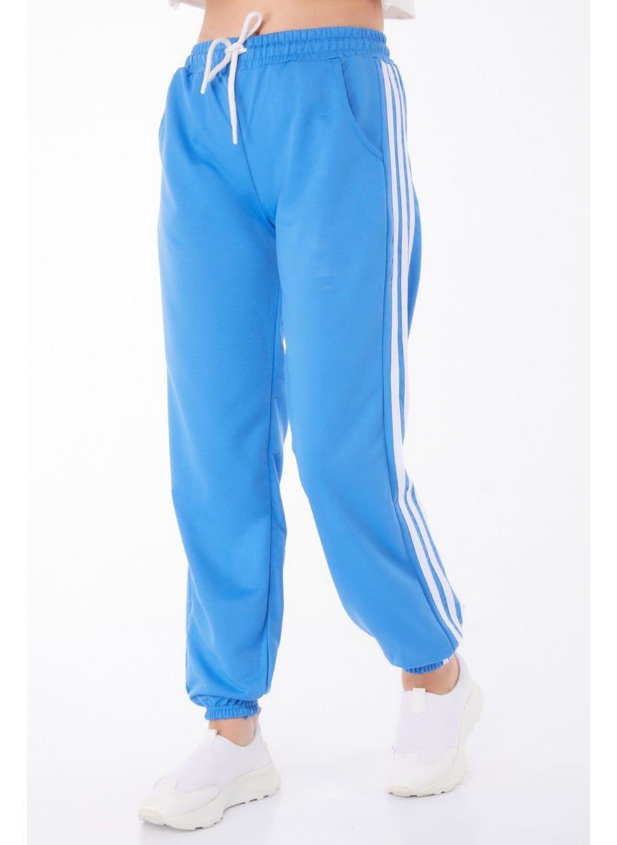 Plain Mid Women's Blue Striped Sweatpants - 25953