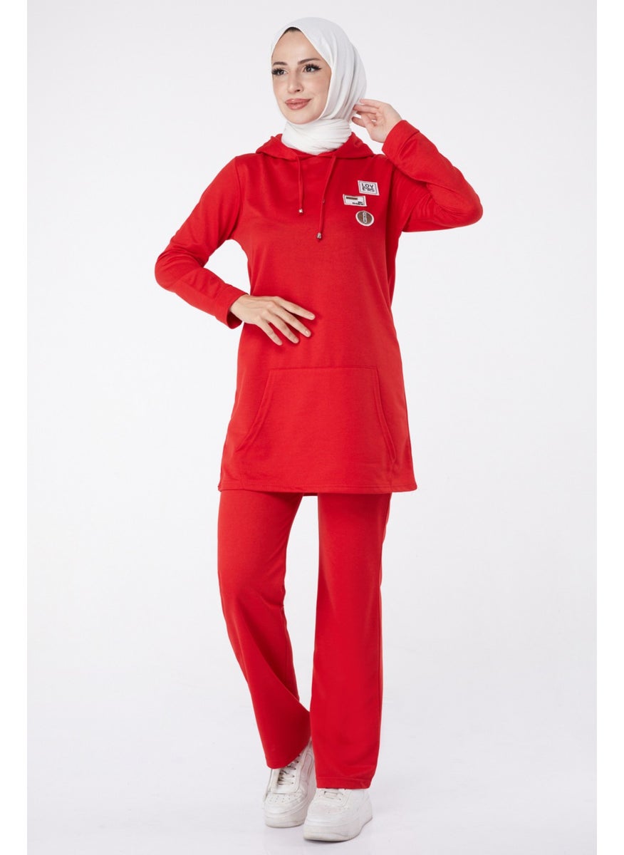 Plain Hooded Collar Women's Red Emblem Two Piece Suit - 13276