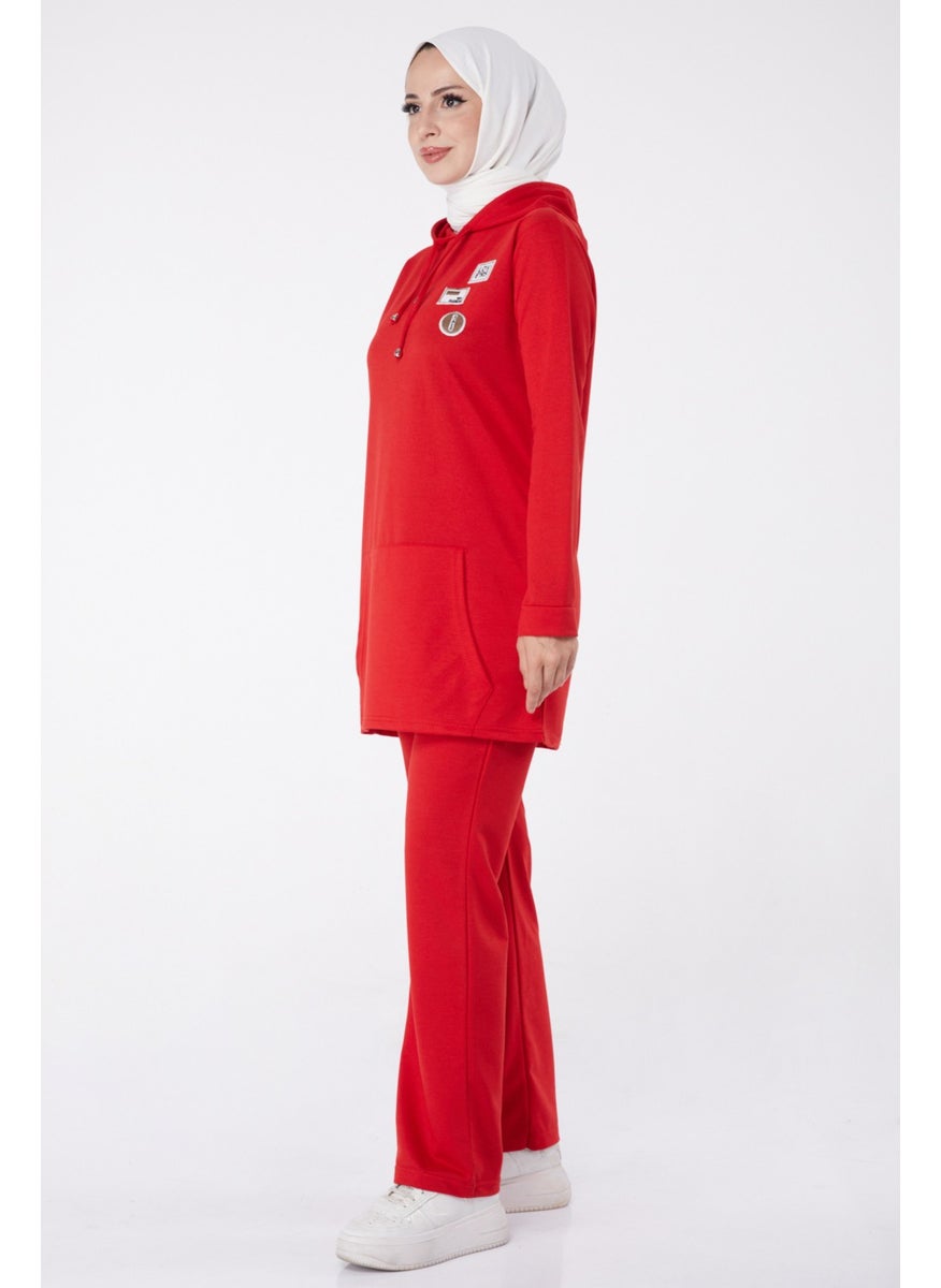 Plain Hooded Collar Women's Red Emblem Two Piece Suit - 13276