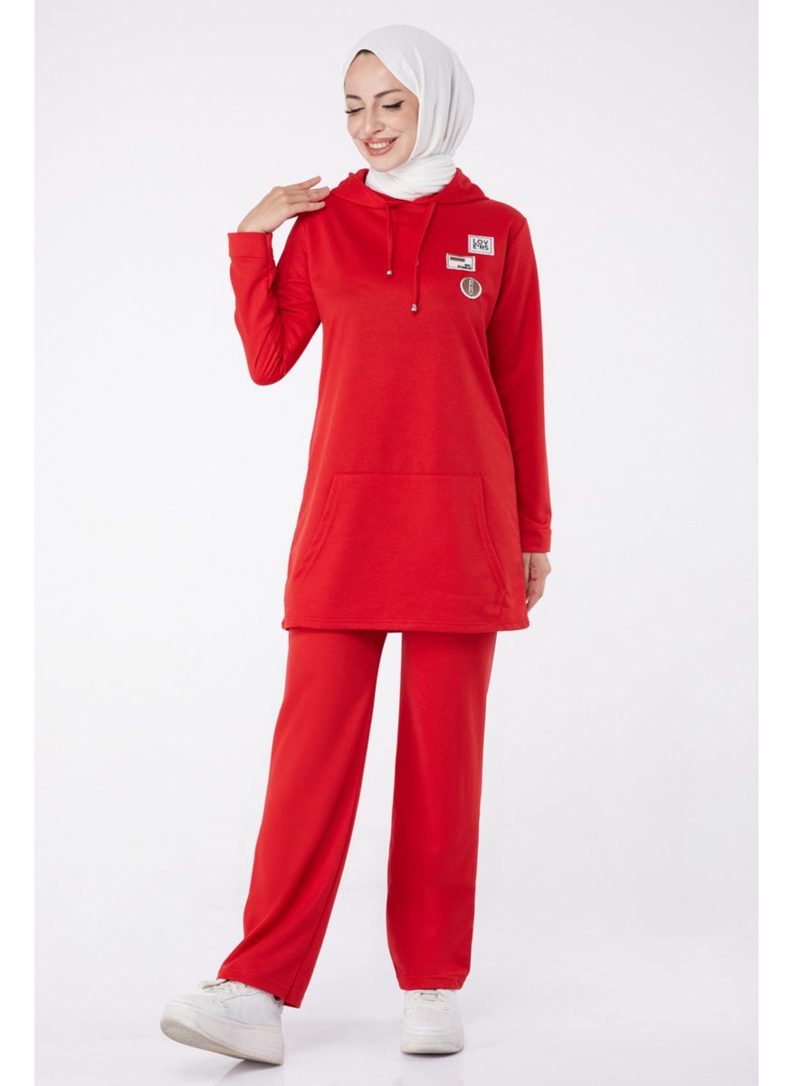 Plain Hooded Collar Women's Red Emblem Two Piece Suit - 13276