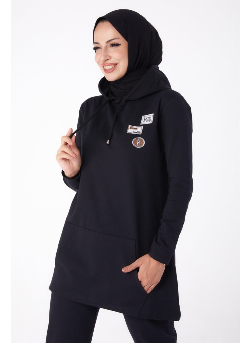 Plain Hooded Collar Women's Black Embroidered Two Piece Suit - 13276