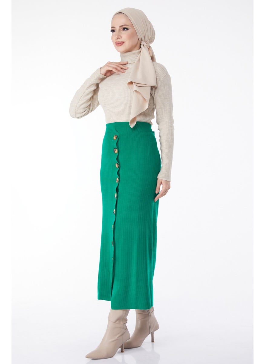 Plain Medium Women's Green Buttoned Knit Skirt - 24722