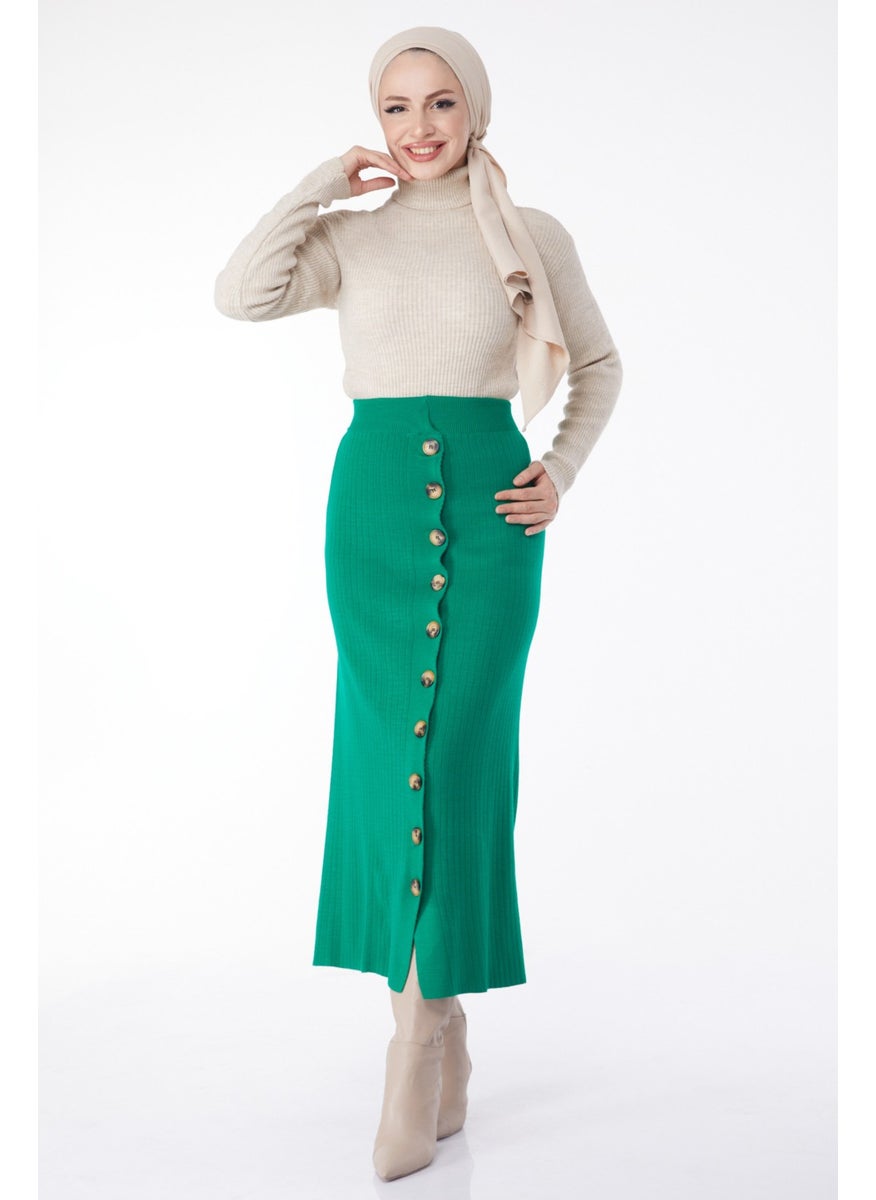 Plain Medium Women's Green Buttoned Knit Skirt - 24722