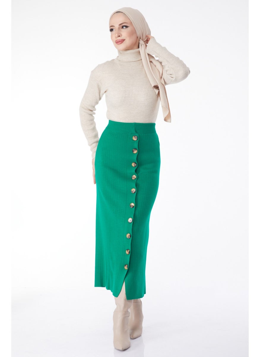 Plain Medium Women's Green Buttoned Knit Skirt - 24722