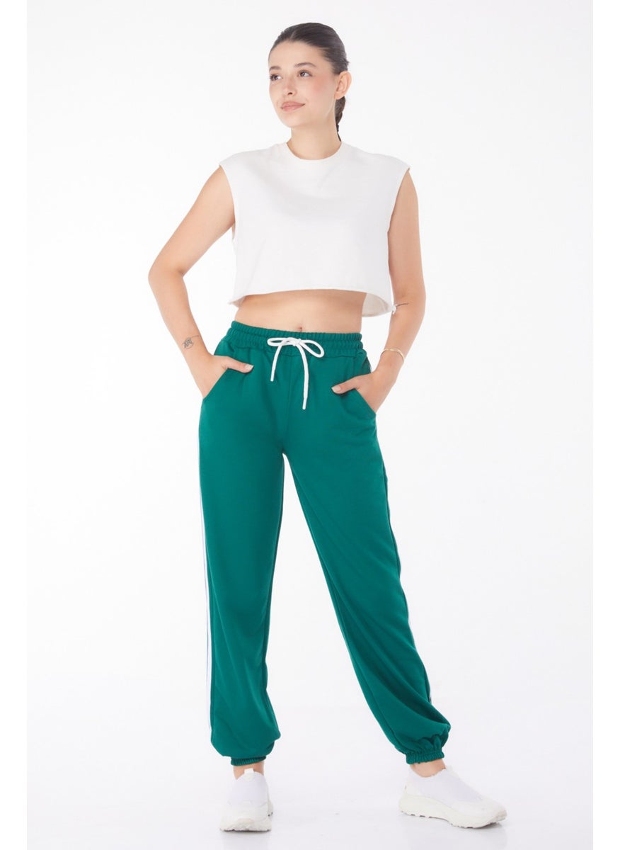 Plain Mid Women's Green Striped Sweatpants - 25953