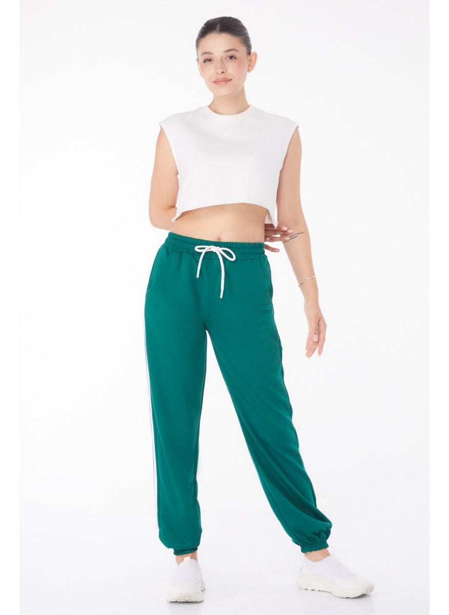 Plain Mid Women's Green Striped Sweatpants - 25953