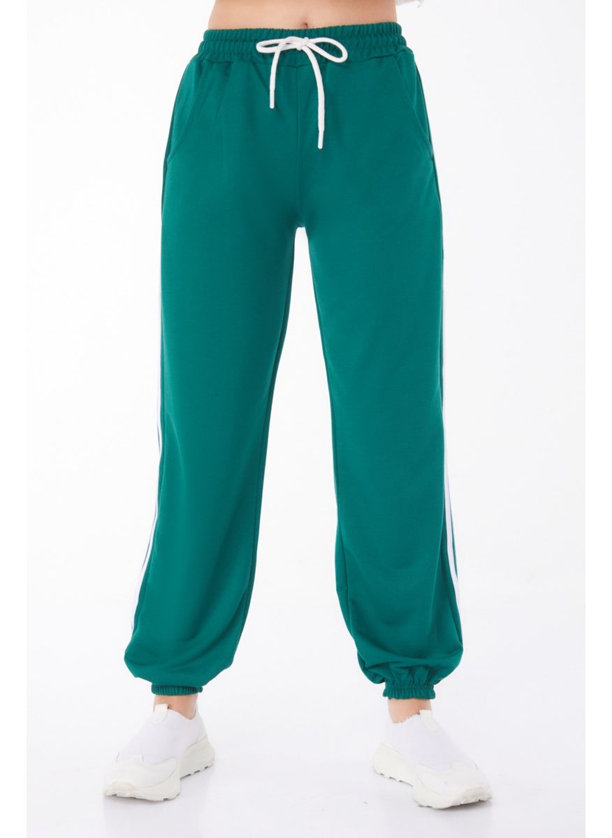 Plain Mid Women's Green Striped Sweatpants - 25953