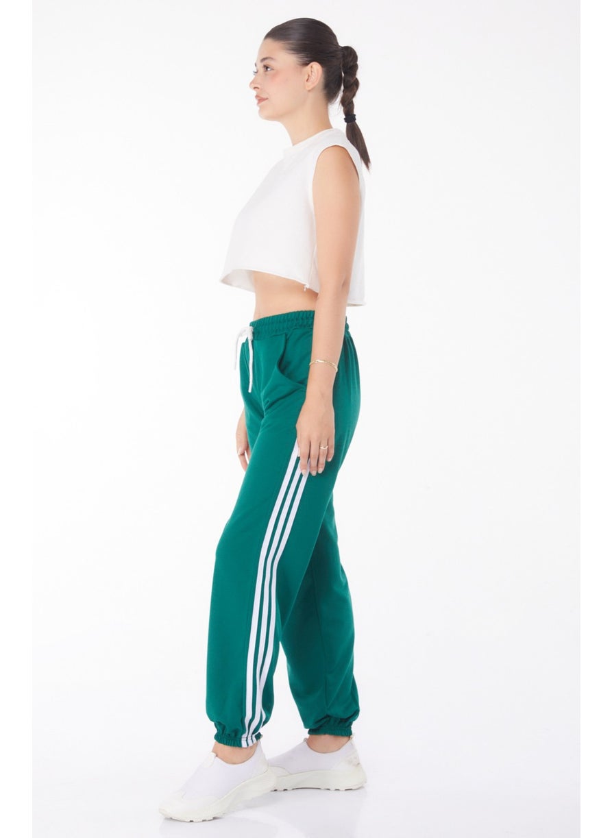 Plain Mid Women's Green Striped Sweatpants - 25953