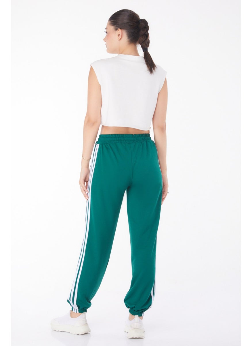 Plain Mid Women's Green Striped Sweatpants - 25953