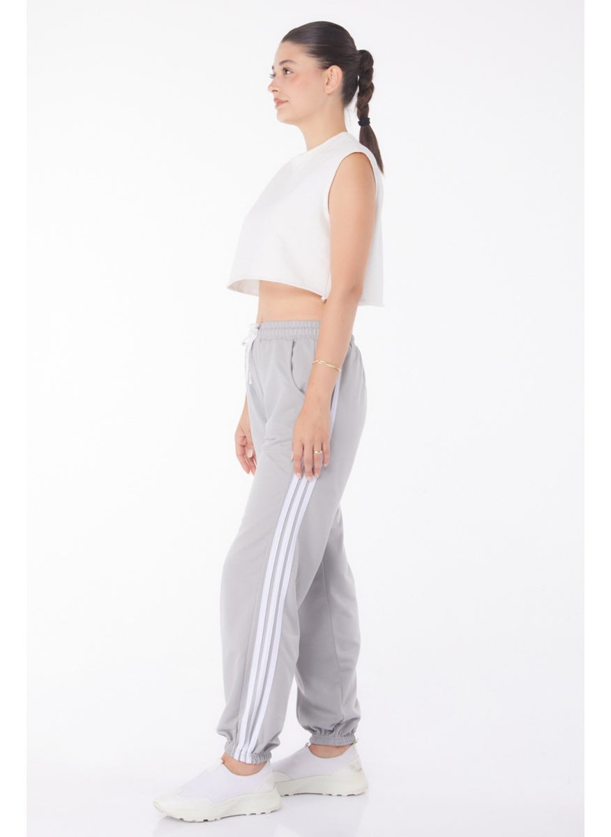 Plain Mid Women's Gray Striped Sweatpants - 25953