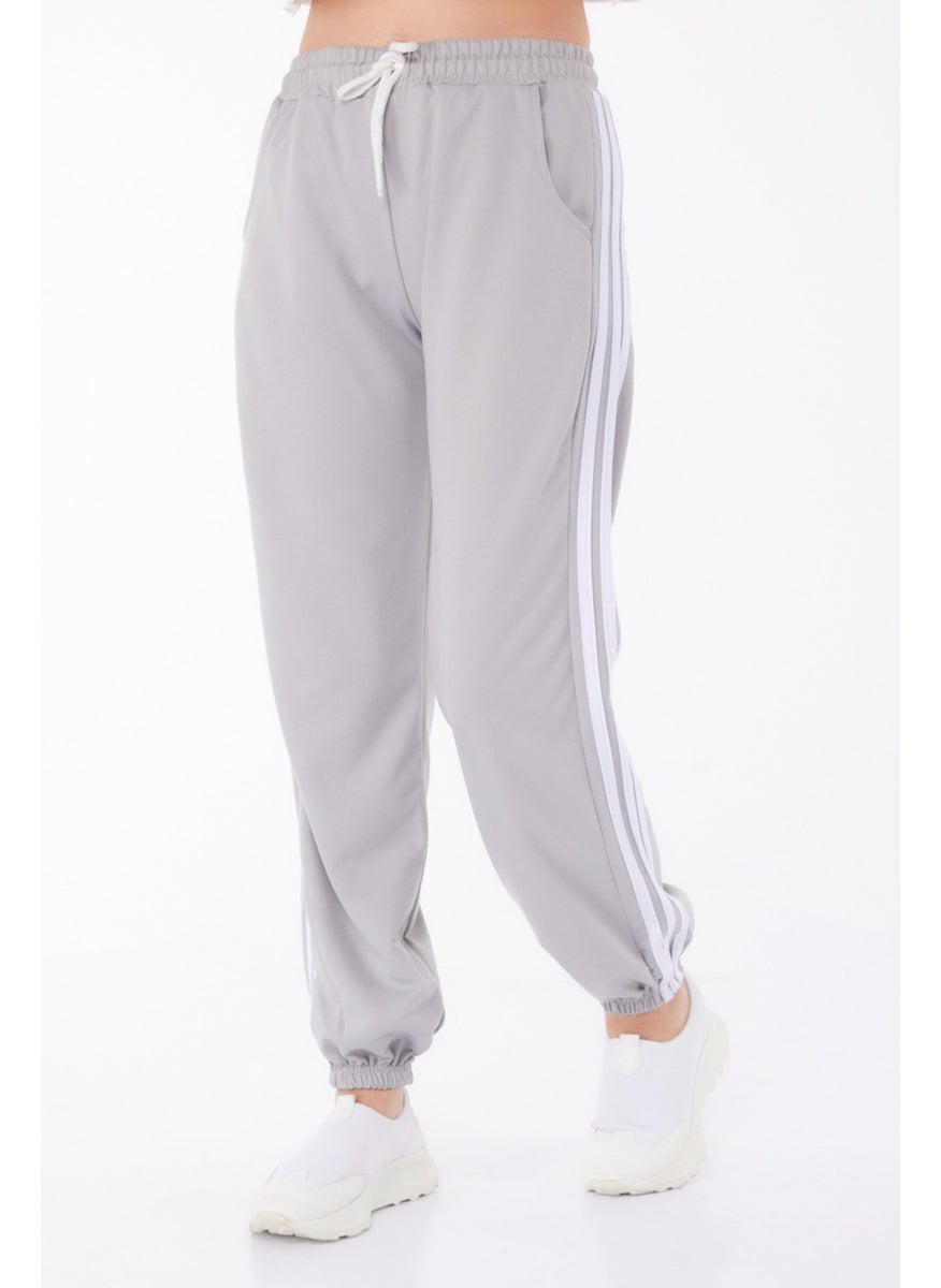 Plain Mid Women's Gray Striped Sweatpants - 25953