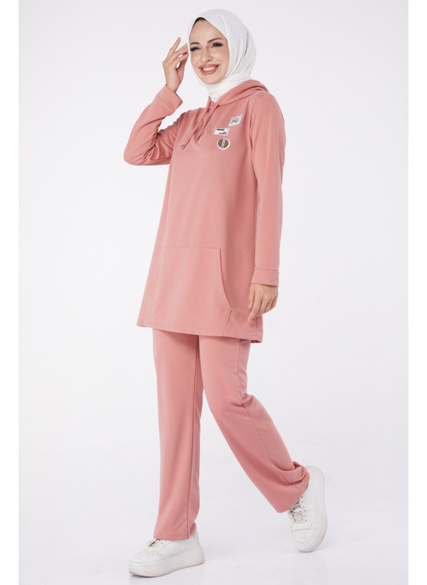 Plain Hooded Collar Women's Rose Embroidered Two Piece Suit - 13276