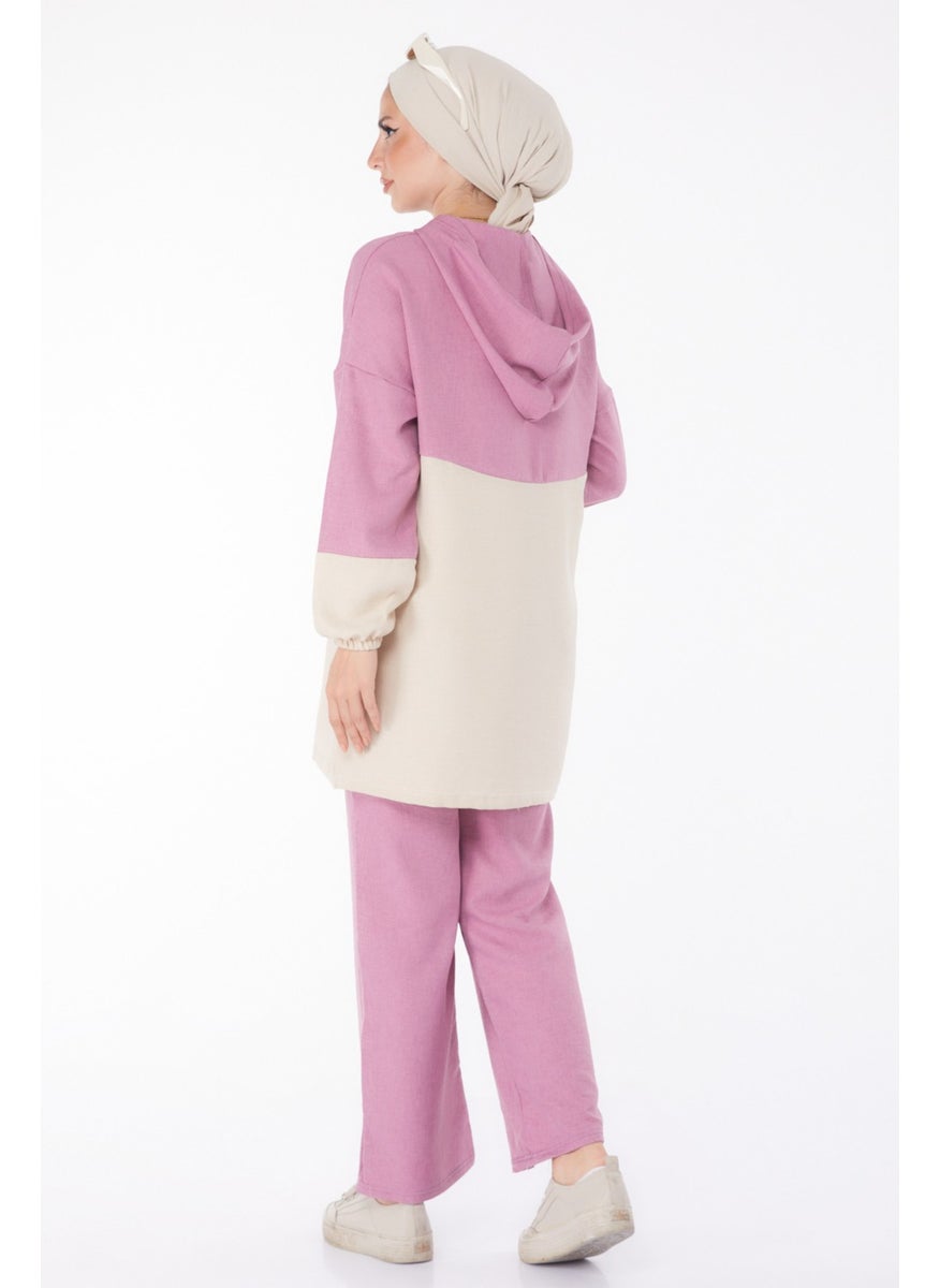 Plain Hooded Collar Women's Pink Zippered Two Piece Suit - 13234