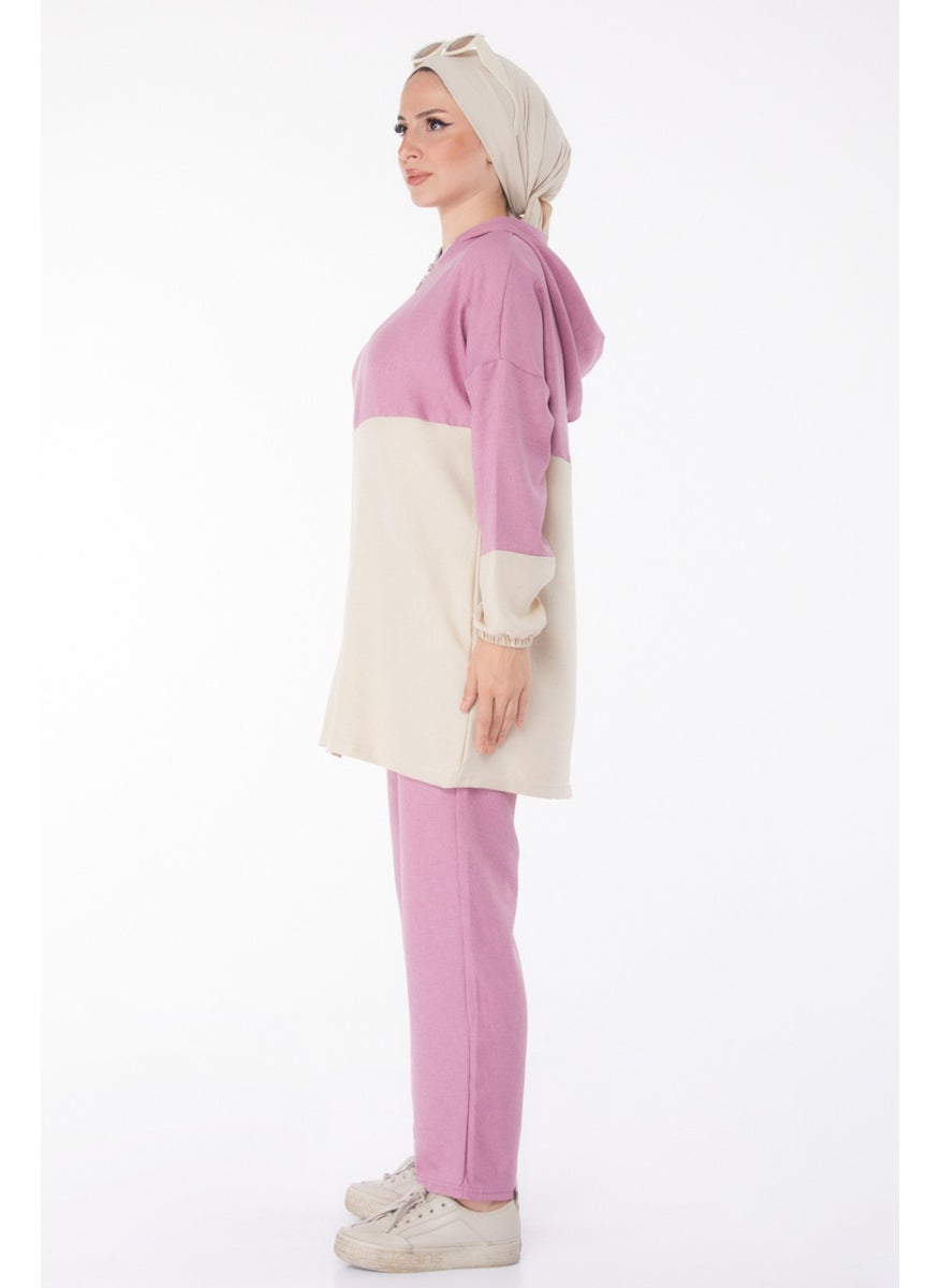 Plain Hooded Collar Women's Pink Zippered Two Piece Suit - 13234