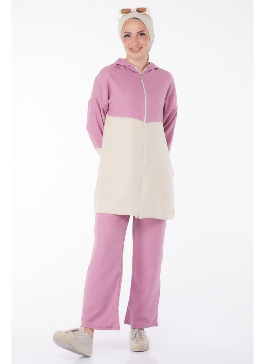 Plain Hooded Collar Women's Pink Zippered Two Piece Suit - 13234