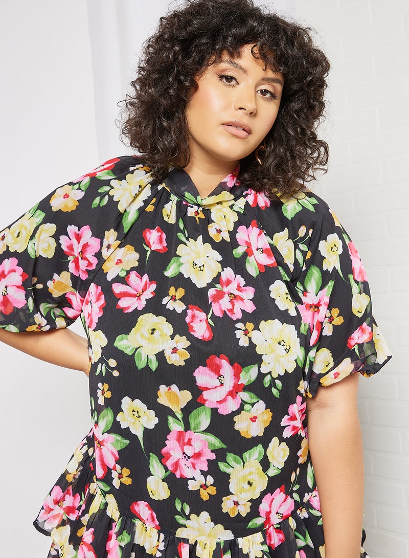 Plus Size Floral Print Dress Black