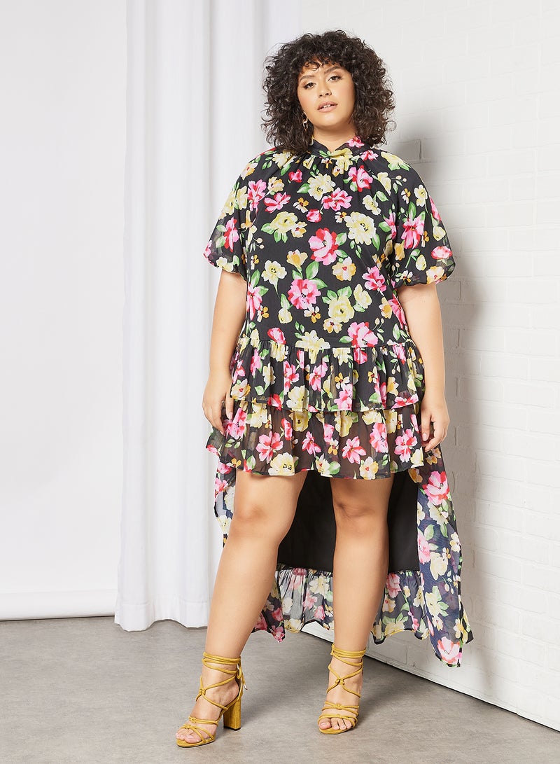 Plus Size Floral Print Dress Black