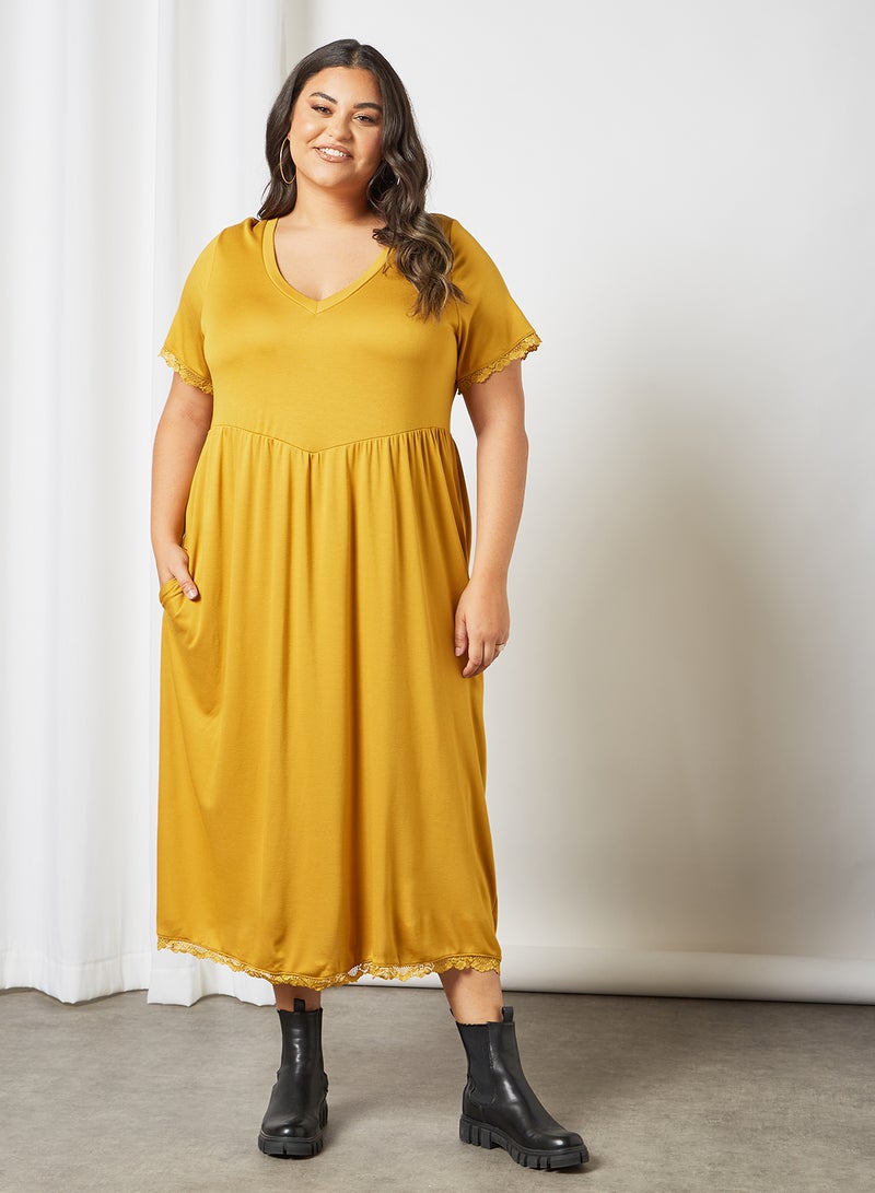 Curve Lace Trim Midi Dress Mustard